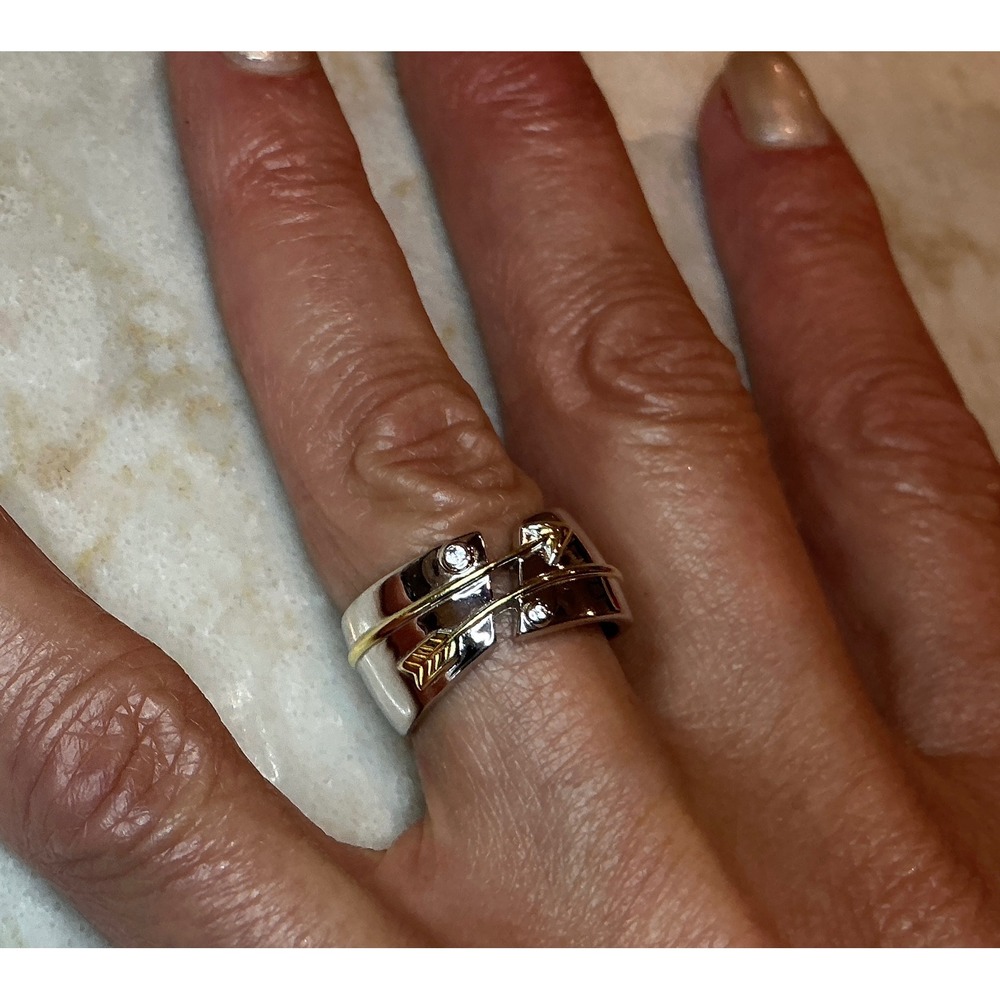 Sterling Silver Arrow Ring Gold‎ Wrapped Accent CZ's Statement Band Size 7 - Picture 10 of 10